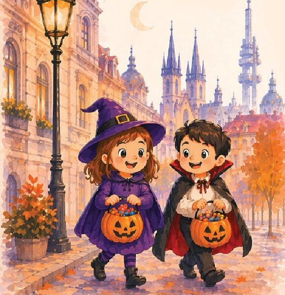 Illustration: two children dressed as a witch and a vampire carry pumpkin buckets through autumn Vinohrady, with the Žižkov TV tower behind them
