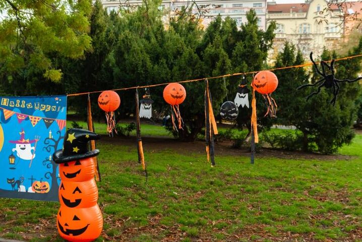 Orange lanterns and decorations in Sady Svatopluka Čecha park